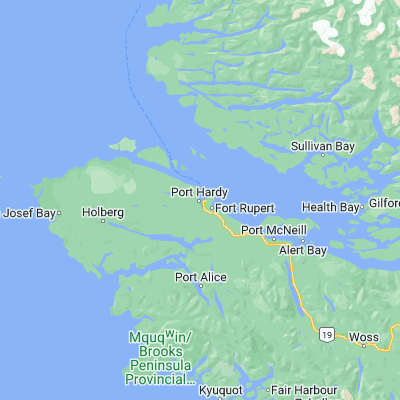 Map showing location of Port Hardy (50.724180, -127.494960)