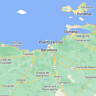 Map showing location of Barcelona (10.133330, -64.700000)