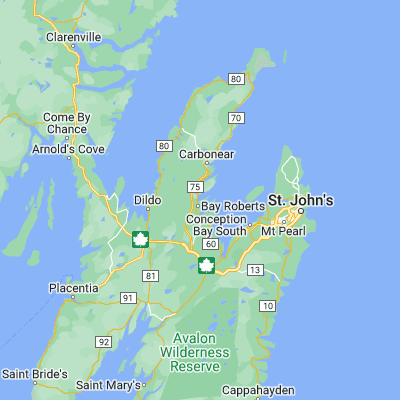 Map showing location of Bay Roberts (47.599890, -53.264780)