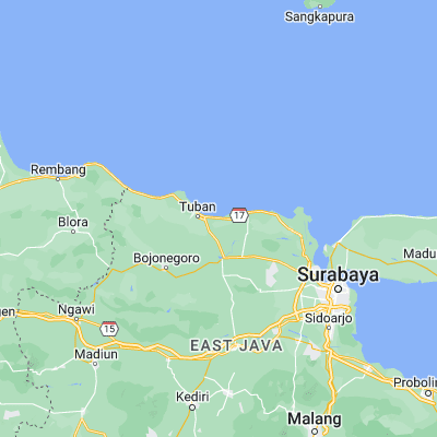 Map showing location of Bogorejo (-6.907700, 112.148500)
