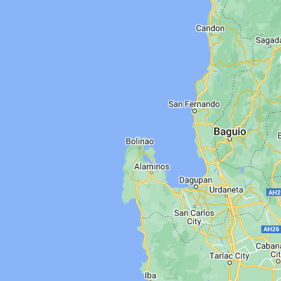 Map showing location of Bolinao (16.388300, 119.892300)