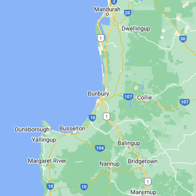 Map showing location of Bunbury (-33.327110, 115.641370)