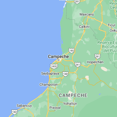 Map showing location of Campeche (19.850000, -90.533330)