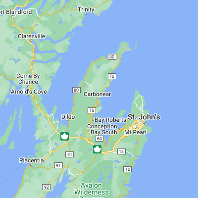Map showing location of Carbonear (47.733190, -53.214780)