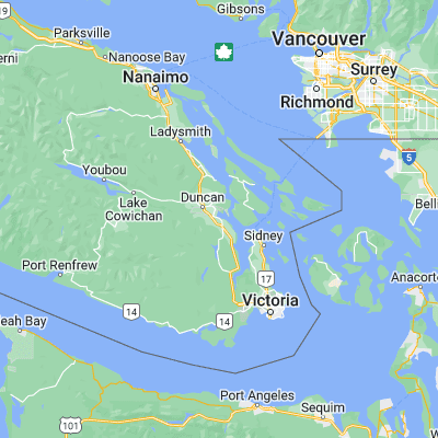 Map showing location of Cowichan Bay (48.733660, -123.617390)