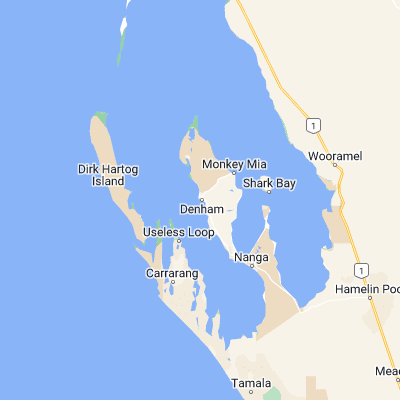 Map showing location of Denham (-25.926790, 113.533270)