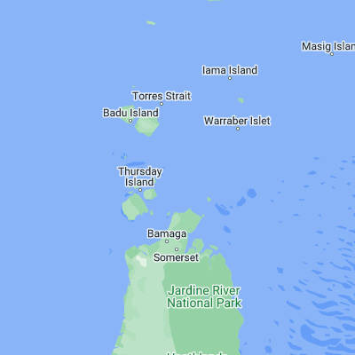 Map showing location of East Strait Island (-10.495640, 142.450410)