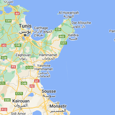 Map showing location of El Maamoura (36.464990, 10.806120)