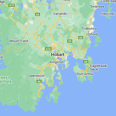 Map showing location of Hobart (-42.879360, 147.329410)