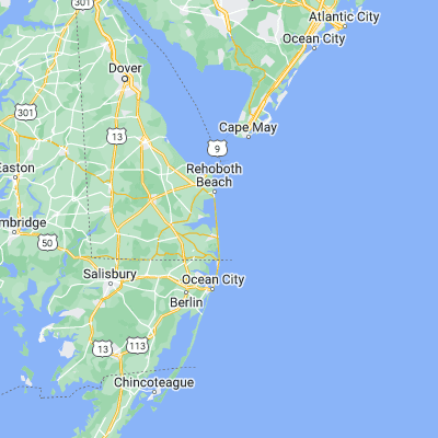 Map showing location of Indian River Inlet (38.609830, -75.057680)