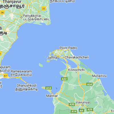 Map showing location of Jaffna (9.668450, 80.007420)