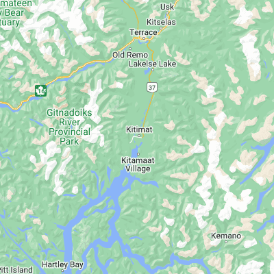 Map showing location of Kitimat (54.052440, -128.653420)