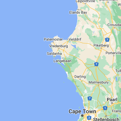 Map showing location of Langebaan (-33.091667, 18.033333)