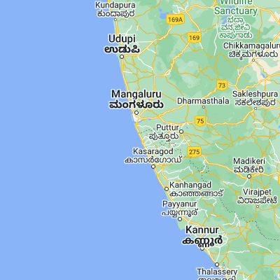 Map showing location of Manjeshwara (12.700000, 74.883330)