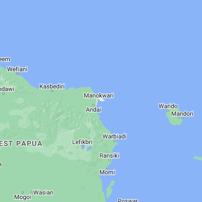 Map showing location of Manokwari (-0.866670, 134.083330)