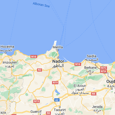 Map showing location of Nador (35.168130, -2.933520)