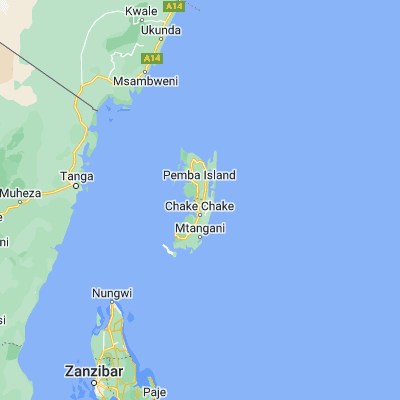 Map showing location of Pemba Island (-5.166667, 39.783333)