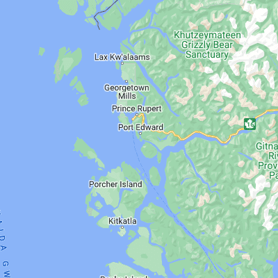 Map showing location of Porpoise Channel (54.207160, -130.298320)
