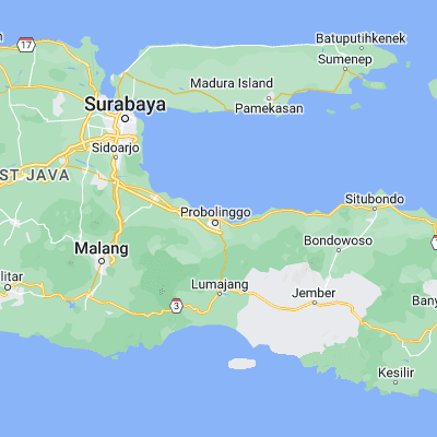 Map showing location of Probolinggo (-7.754300, 113.215900)