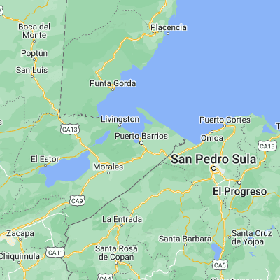 Map showing location of Puerto Barrios (15.716670, -88.600000)