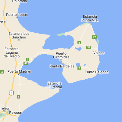 Map showing location of Puerto Pirámide (-42.583330, -64.283330)