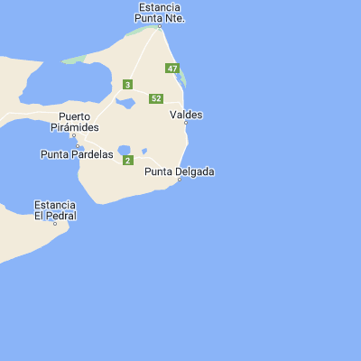 Map showing location of Punta Delgada (-42.766670, -63.633330)