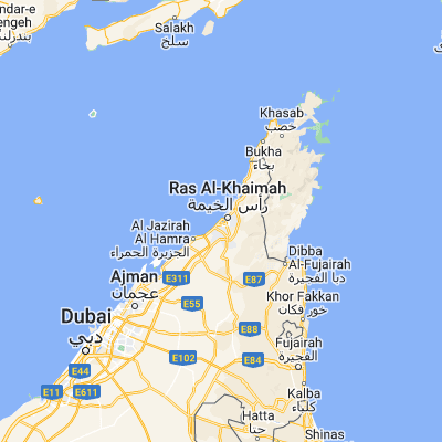 Map showing location of Ra’s al Khaymah (25.789530, 55.943200)