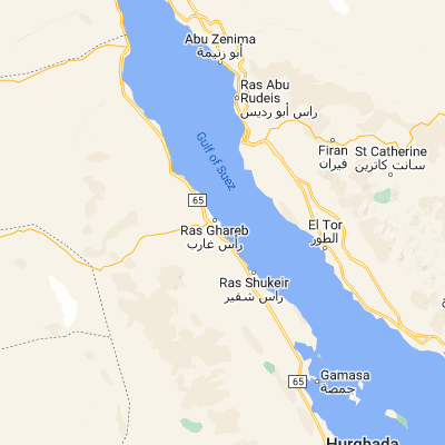 Map showing location of Ra’s Ghārib (28.351110, 33.111760)