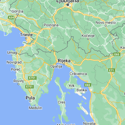 Map showing location of Rijeka (45.343060, 14.409170)