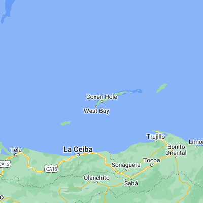 Map showing location of Roatán (16.324370, -86.536560)