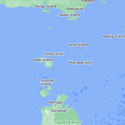 Map showing location of Suarji Island (-10.160000, 142.511110)