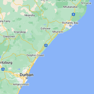 Map showing location of Tugela River (-29.225060, 31.497100)
